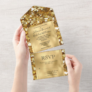 Romantische Gold Glam Glitzy Sparkle Hearts Weddin All In One Uitnodiging