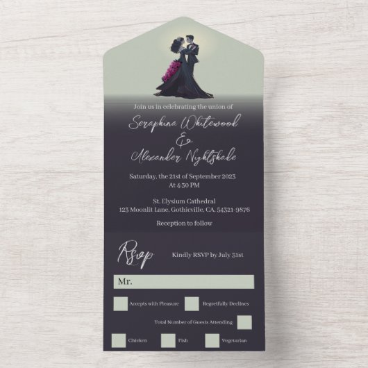 Romantische Gotische Liefhebbers Minimale Bruiloft All In One Uitnodiging (Binnen)