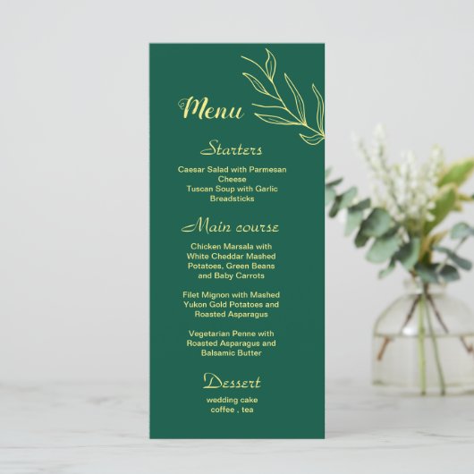 Romantische gouden bloem smaragdgroene bruiloft menu (Staand voorkant)