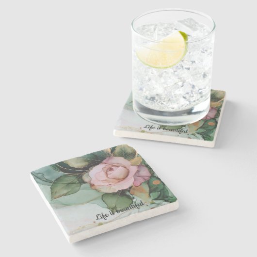 Romantische gouden blos roze roos bloemige bruidsd stenen onderzetter (Zijkant)