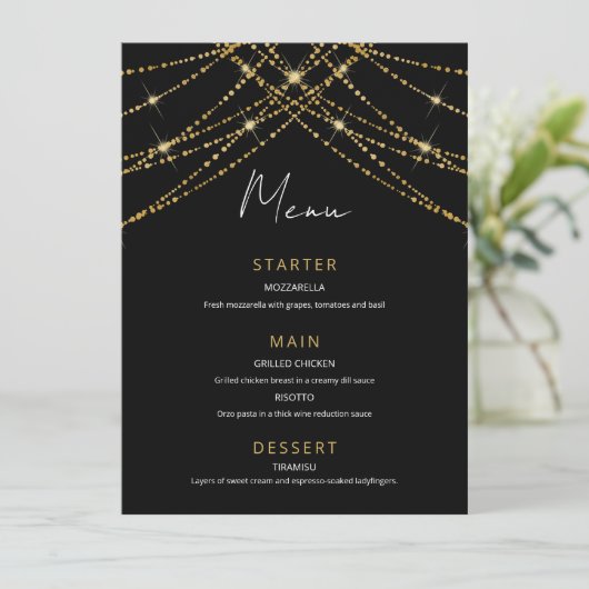 Romantische gouden string bruiloft menu (Staand voorkant)