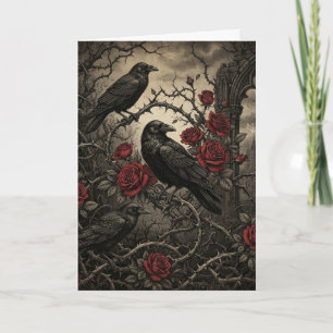 Romantische Halloween Gotische Raven en Rode Rozen Kaart