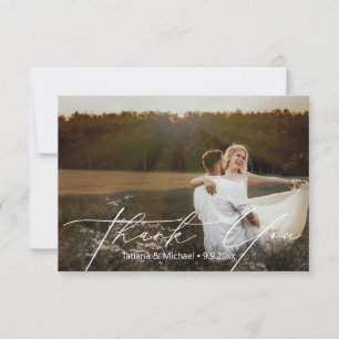 Romantische handgeschreven script huwelijksfoto bedankkaart