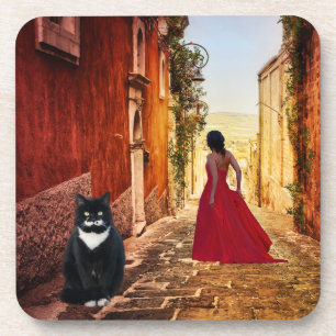 Romantische Italiaanse dorps Tuxedo Kat Coaster Bier Onderzetter
