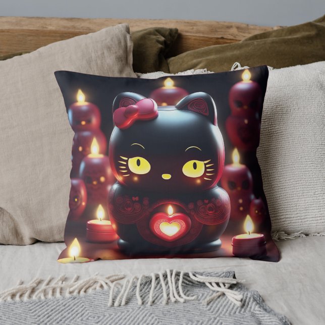 Romantische kaarskussen Dark Kitty Black Kussen (FRONT - Coussin bougie romantique obscur Dark Kitty noir)
