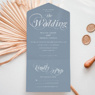 Romantische kalligrafie Dusty Blue Wedding All In One Uitnodiging