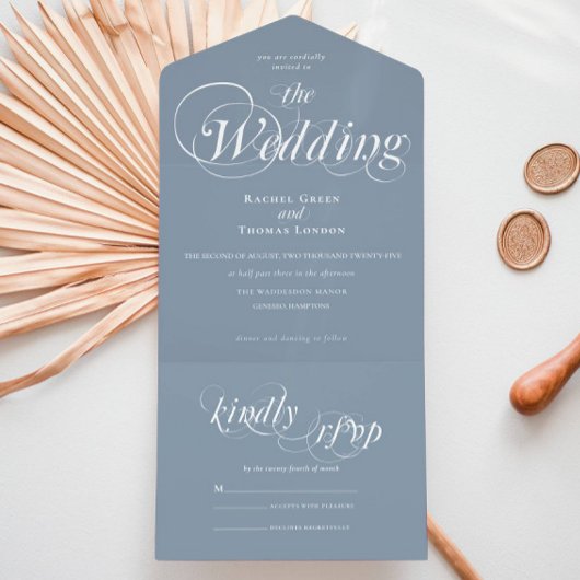 Romantische kalligrafie Dusty Blue Wedding All In One Uitnodiging