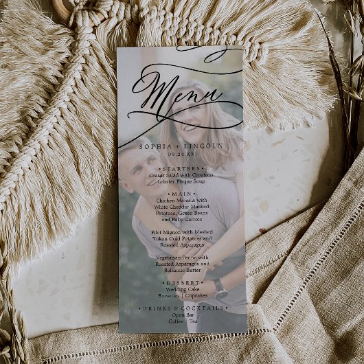 Romantische kalligrafie foto bruiloft diner menu
