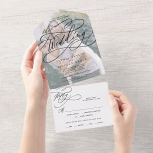 Romantische kalligrafie   Foto van het huwelijk All In One Uitnodiging