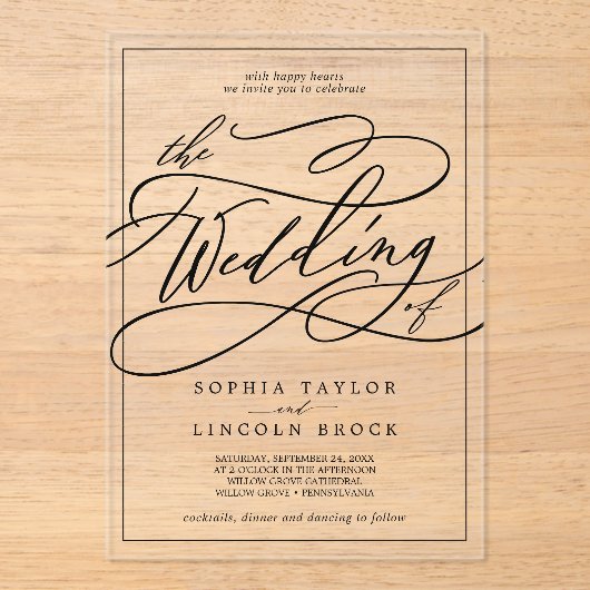 Romantische kalligrafie Moderne eenvoudige elegant Acryl Uitnodigingen (Voorkant)