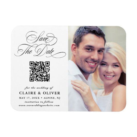 Romantische Kalligrafie QR Code Save the Date Foto Magneet (Horizontaal)