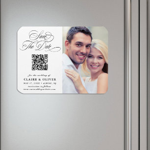 Romantische Kalligrafie QR Code Save the Date Foto Magneet