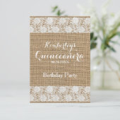Romantische kant en burlap Quinceañera Uitnodiging (Staand voorkant)