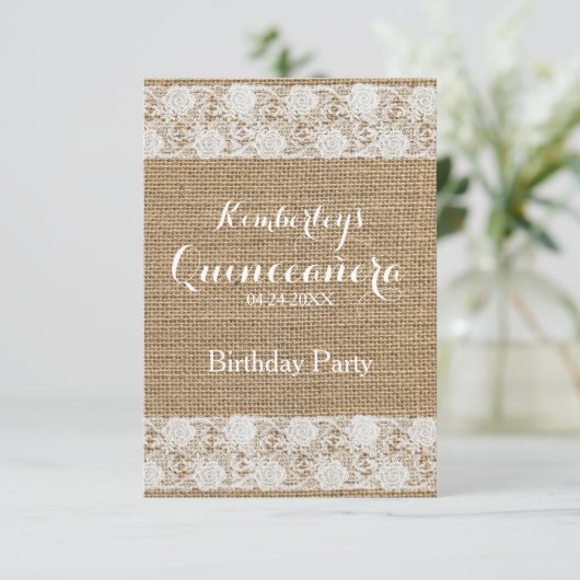 Romantische kant en burlap Quinceañera Uitnodiging (Staand voorkant)