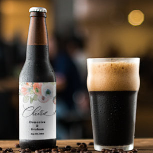 Romantische koraal bloemenbruiloft bier etiket