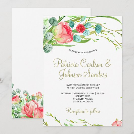 Romantische koraal rode blush rozen krans bruiloft kaart (Voorkant / Achterkant)