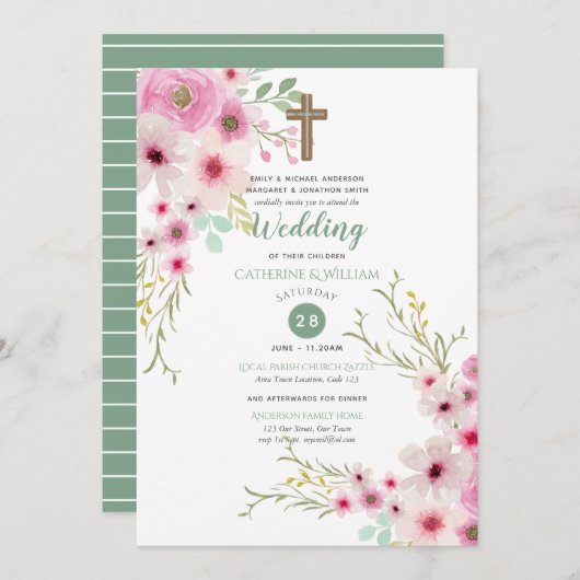 Romantische kruis-HUWELIJK Uitnodigingen Bloemrijk (Voorkant / Achterkant)