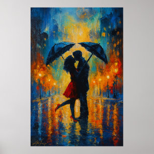 Romantische kus in de regen poster
