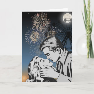 Romantische kus onder vuurwerk wenskaart kaart