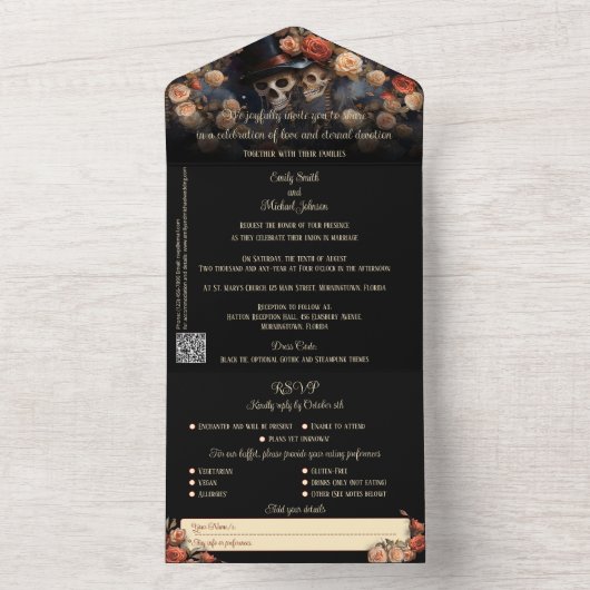 Romantische kussen skeletten gotische bruiloft all in one uitnodiging (Binnen)