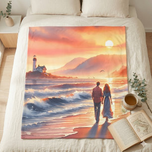 Romantische Kust Zonsondergang Vuurtoren Wandeltoc Fleece Deken