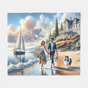Romantische kusthuis zonsondergang wandeling fleece deken