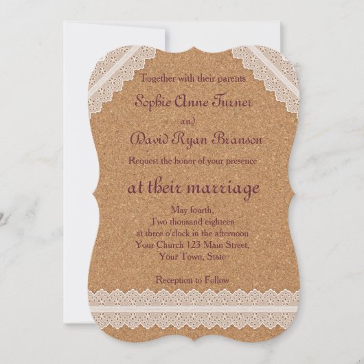 Romantische  Lace Wine Cork Wedding Invitation Kaart (Voorkant)