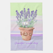 Romantische lavendel en naam op gestreept pastel b theedoek (Verticaal)