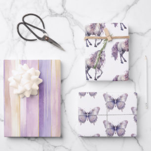 Romantische Lavendel Witte Paard Strepen Verjaarda Inpakpapier Vel