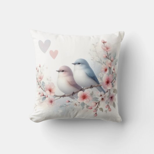 Romantische Liefdesvogels Kersenbloesemtak Kussen (Voorkant)