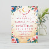 Romantische Maan & Bloemen Custom Wedding Kaart (Staand voorkant)