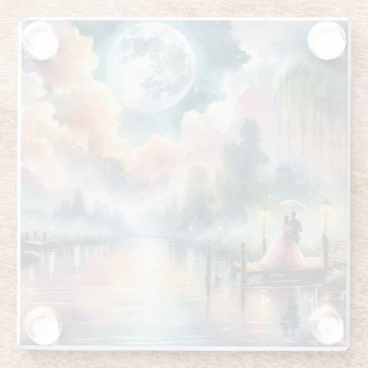 Romantische maanlicht Waterverf nachtscène Glazen Onderzetter (Achterkant)