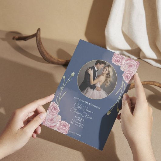 Romantische Marine Blauw & Blush Roze Huwelijk Kaart