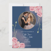 Romantische Marine Blauw & Blush Roze Huwelijk Kaart (Voorkant)