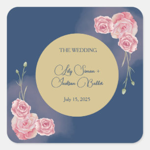 Romantische Marine Blauw & Blush Roze Huwelijk Vierkante Sticker