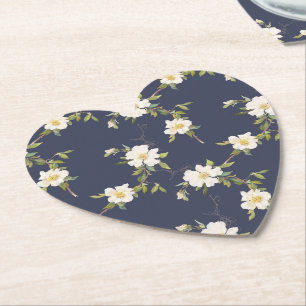 Romantische marine blauw wit bloemenbruiloft kartonnen onderzetters