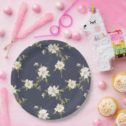 Romantische marine blauw wit bloemenbruiloft papieren bordje (Feest)