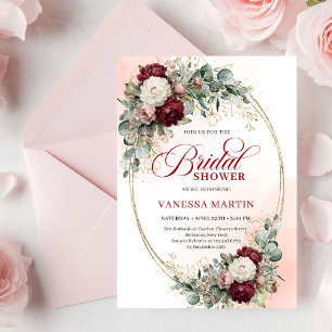 Romantische Maroon Bloemige Gouden Bruiloftsontvan Kaart