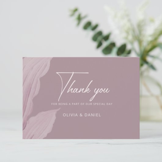 Romantische Mauve Leaf Minimal Wedding Bedankkaart (Staand voorkant)