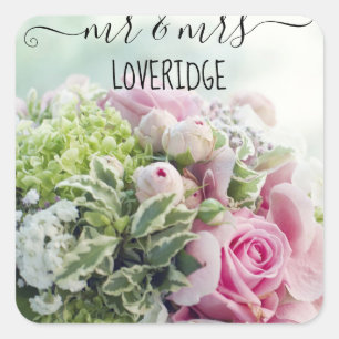 Romantische meneer & mevrouw Roze Roos Bloemige Br Vierkante Sticker