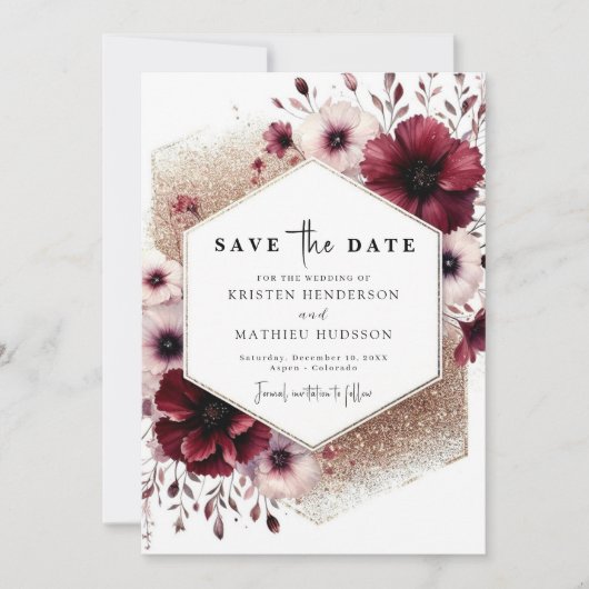 Romantische minimale Bourgondische bruiloft Save The Date (Voorkant)