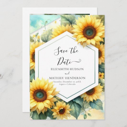 Romantische minimalistische zonnebloem bruiloft save the date (Voorkant / Achterkant)