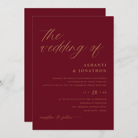 Romantische moderne Bourgondië en gouden bruiloft Kaart (Voorkant / Achterkant)