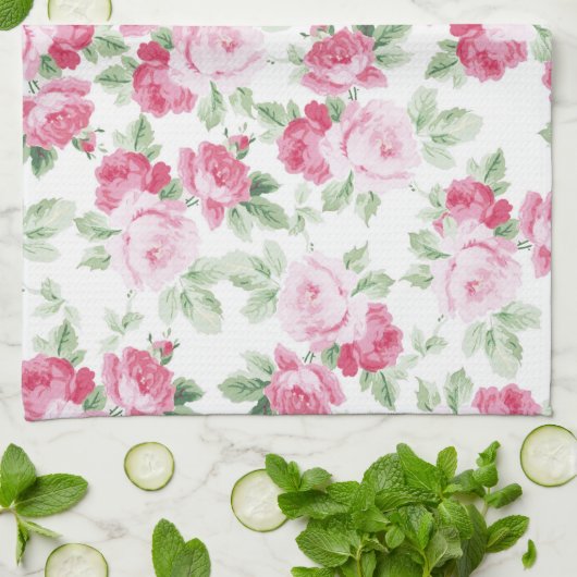 Romantische moderne roze witte trendy rozen floraa theedoek (Gevouwen)