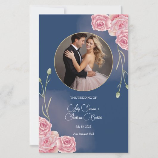Romantische Navy Blue & Blush Pink Wedding Program (Voorkant)