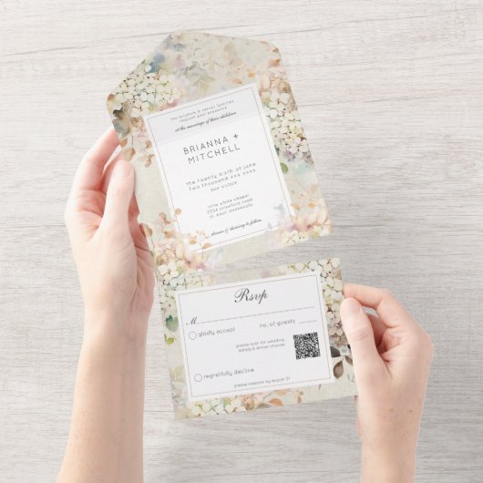 Romantische Neutrale Hortensia's QR-code All In One Uitnodiging (Afscheurbaar)