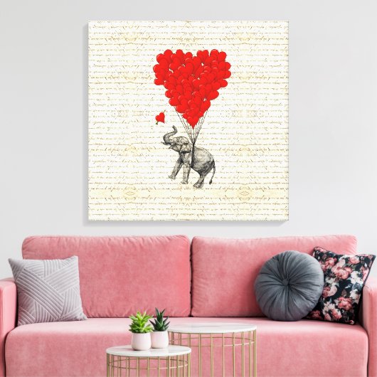 Romantische olifant en hartballonnen canvas afdruk (Insitu (Woonkamer))