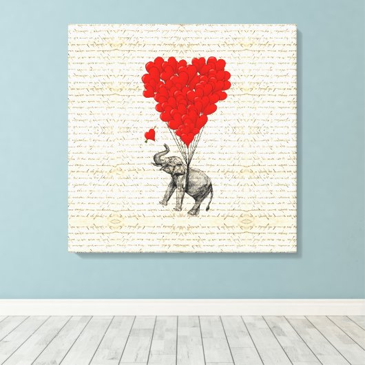Romantische olifant en hartballonnen canvas afdruk (Insitu (Houten vloer))