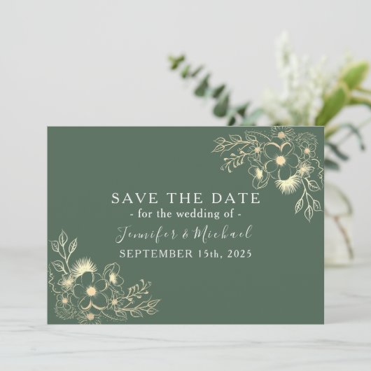 Romantische olijfgroene bruiloft Save the Date (Staand voorkant)