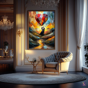 Romantische omhelzing onder een glas-in-lood hart poster